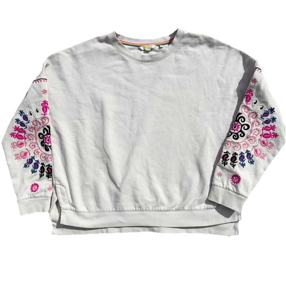 Boden Crewneck Sweater Floral Embroidered Sleeves Size Women’s Large Cottagecore